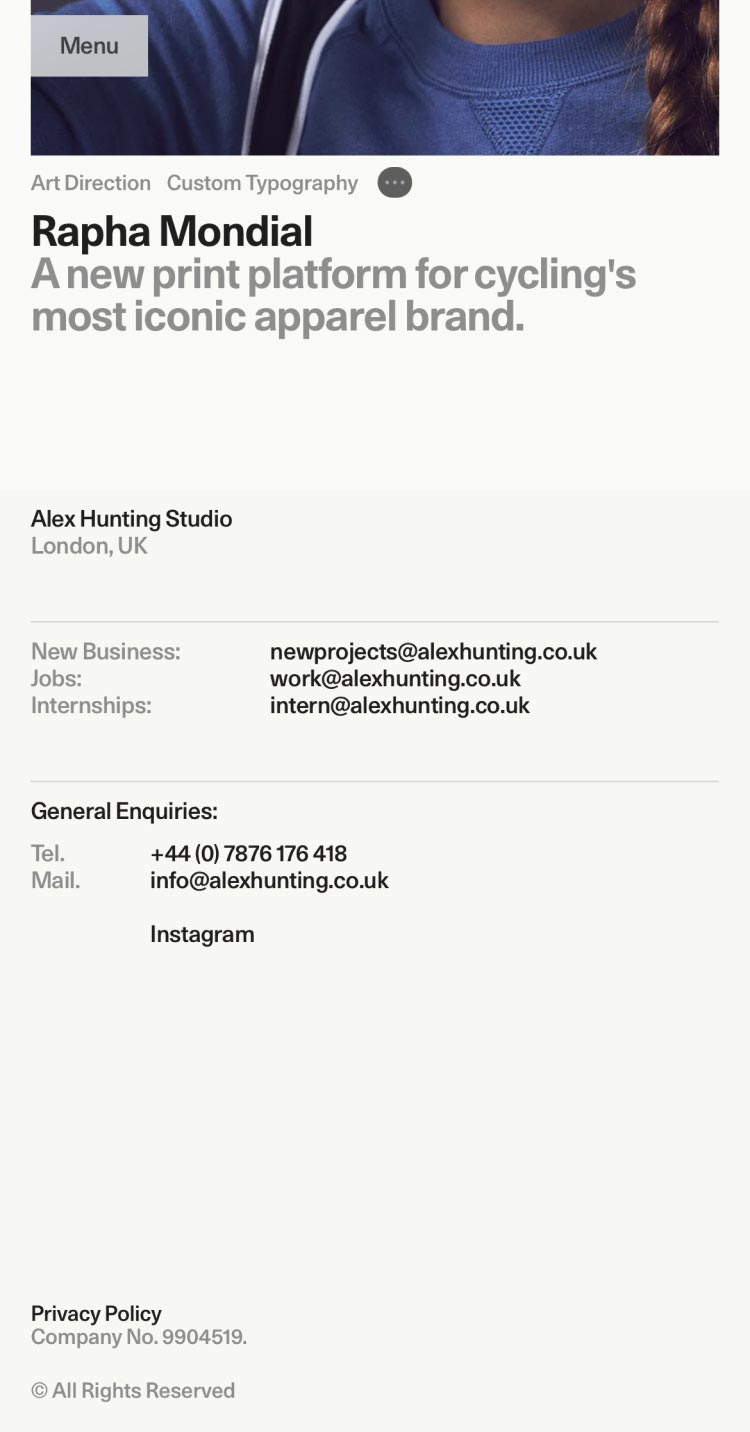 Alex Hunting Studio website. Case Study page (Mobile). Luke Hoban