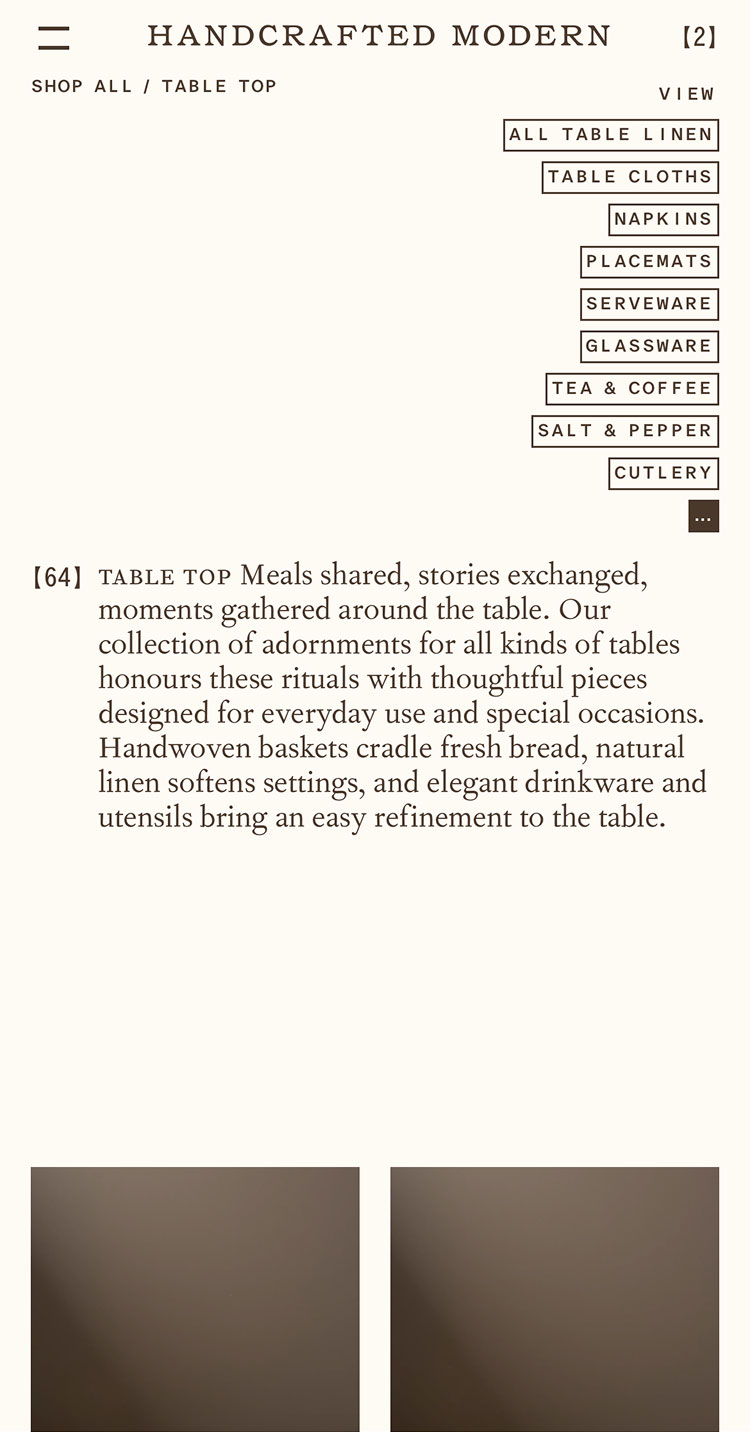 Handcrafted Modern website. Collection Page. Luke Hoban